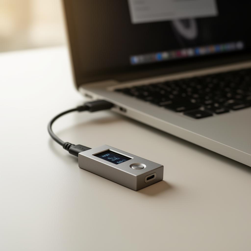 Hardware cryptocurrency wallet device connected via USB to a laptop running Electrum RVN