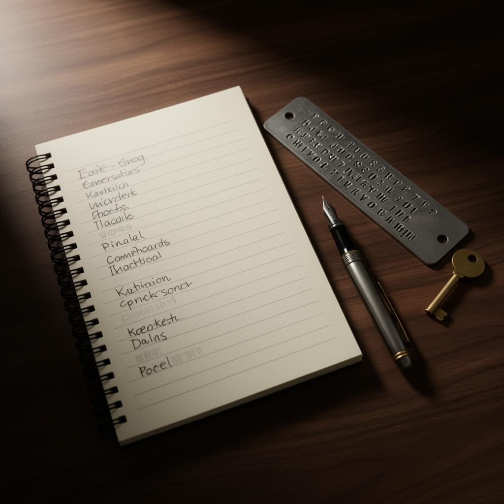 Handwritten 12-word BIP-39 seed phrase in a notebook beside a metal backup plate and brass key